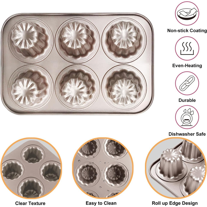 Canelé Moulds, Mini Cake Tins for Baking - Canelé Moulds, Bordelaise Bakeware, Non-Stick French Pastry Mold, Muffin Tin, Panna Cotta Moulds for Cannelé, Cupcake, Jelly, Carbon Steel, 6 Cavity