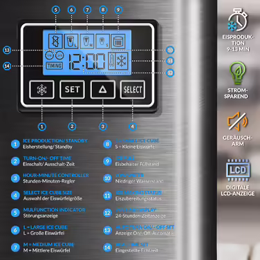tillvex Ice Maker Stainless Steel 12 kg - 24 h | Ice Cube Maker with Timer and 2.2 Liter Water Tank | Ice-Maker LCD Display & Self-Cleaning Function | 3 Ice Cube Sizes (Black)