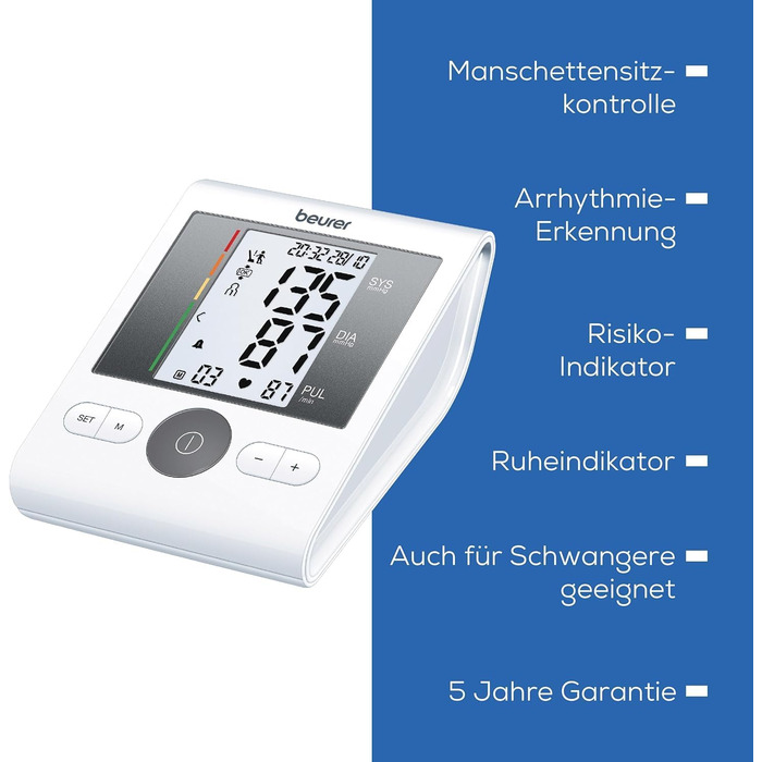 Тонометр Beurer BM 28 на плече з визначенням аритмії та кольоровим індикатором ризику, з контролем положення манжети, для обхвату плеча 22-42 см