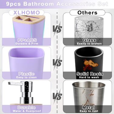 Набір аксесуарів для ванної кімнати, 9 предметів: сміттєвий бак, тримач для зубних щіток, стаканчик для зубних щіток, диспенсер для мила/лосьйону, тумбочка для раковини, мильниця, щітка для унітазу, тримач для ватних паличок (світло-фіолетовий, Bath Set)