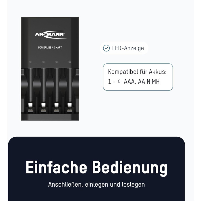 Зарядний пристрій ANSMANN Powerline 4 Smart з 4x NiMH 2850 акумуляторами для до 4 NiMH AA/AAA акумуляторів - автоматичний зарядний пристрій з режимом відновлення - зарядний пристрій для перезаряджуваних батарей (без акумуляторів)