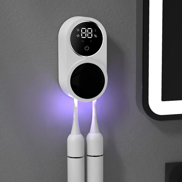 Justup Toothbrush Holder, Toothbrush Sanitizer for Cleaning and Air Drying, LED Smart Screen, Rechargeable Wall Mount for Bathroom, Wall-Mounted Toothbrush Holder for Family Use (White)