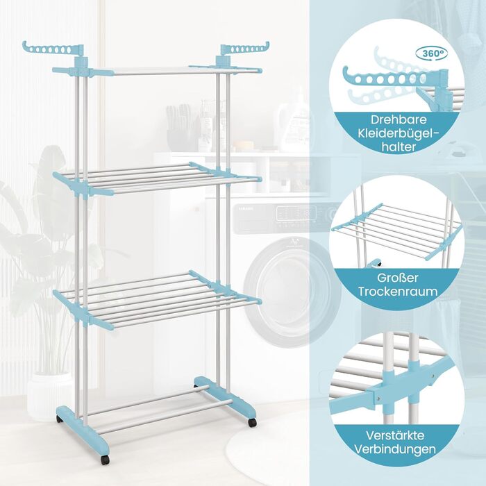 Сушарка для білизни COSTWAY 4-рівнева з колесами, розкладна, з 2 обертовими крилами, висувна, для дому та вулиці (Блакитна)