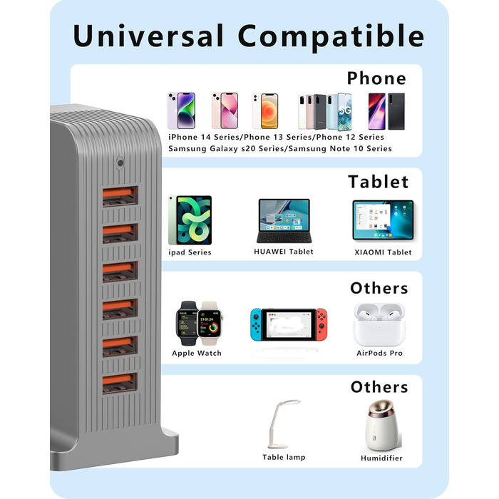 Зарядний пристрій USB мережевий 6 портів 25W/50W для iPhone, Samsung, LG, Huawei та інших (Чорний/Сірий)