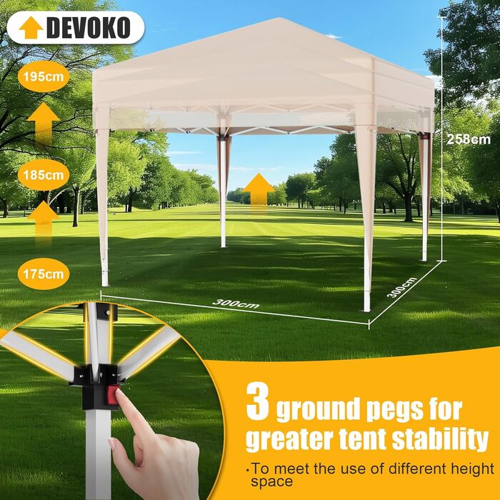 Devoko Gazebo, 3x3 Waterproof, Stable, Winter-Proof Gazebo with 3-Level Height Adjustment, Foldable Gazebo with UV Protection 50+, Foldable Gazebo with Carry Bag, For Garden, Outdoor, Camping, Beige