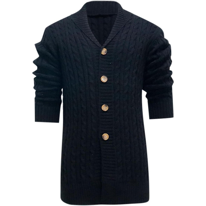 Чоловічий кардиган з довгими рукавами, в'язаний з крупною в'язкою, з ґудзиками, теплий, чорний. Ідеальний для осені та зими