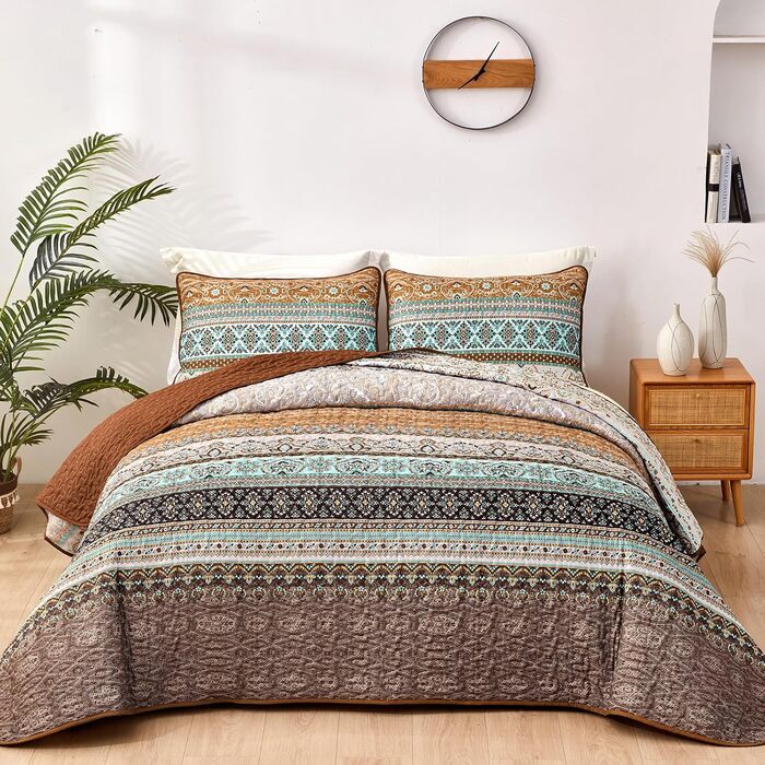 WONGS BEDDING Quilt Cover 220x240 Bedspread Bohemian Throw Blanket Stepped Quilt 3-Piece Double Bed Quilted Blanket Microfiber Living Blanket with 2 Pillowcases 50x70 for Bedroom as Sofa Cover (Bohemian) (220x240 cm, Brown)
