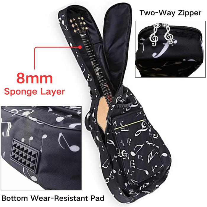 Водонепроникний кейс для гітари SUQ Oxford, 40/41 дюймів, з принтом музичних нот, нейлон, Gigbag, для електро-, акустичної та концертної гітари, ударостійкий, 8 мм підкладка, водонепроникний (чорний)
