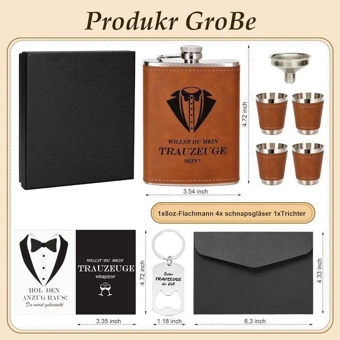 Персоналізований набір фляг 8oz з гравіюванням – фляга з нержавіючої сталі, 4 склянки, воронка та подарункова коробка для друзів нареченого/нареченої, подарунок на весілля для чоловіків та жінок (колір: коричневий)