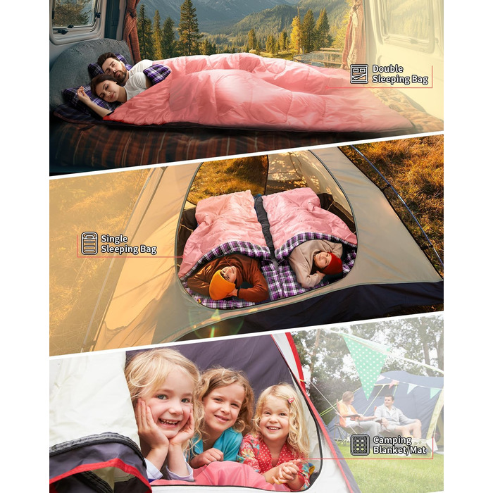 Сплячий мішок Outdoor Sportneer для 2 осіб: двомісний спальний мішок для відпочинку на природі, 3 сезони, 220x150 см, 2.75 кг з 2 подушками, дорослий ковдровий спальник для сім'ї (без фланелевої підкладки) (Рожевий)