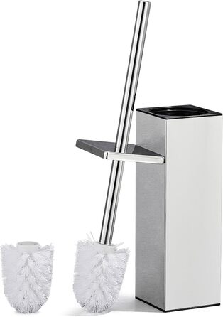 Набір для туалету ALFKET: щітка та тримач, нержавіюча сталь, з захистом від бризок, квадратна форма, з додатковою насадкою, 8x8x42.5 см, срібний