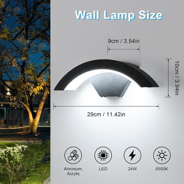 Зовнішня вулична LED-лампа Comely 24W з датчиком руху, IP65, алюміній, тепле світло 3000K, для саду, тераси, сходи, чорна