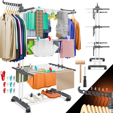 Кюссер® Сушилка для білизни з колесами - Турбо-модель, 4 яруси, 2 обертові крила, 6 склавних секцій, білий/антрацитовий