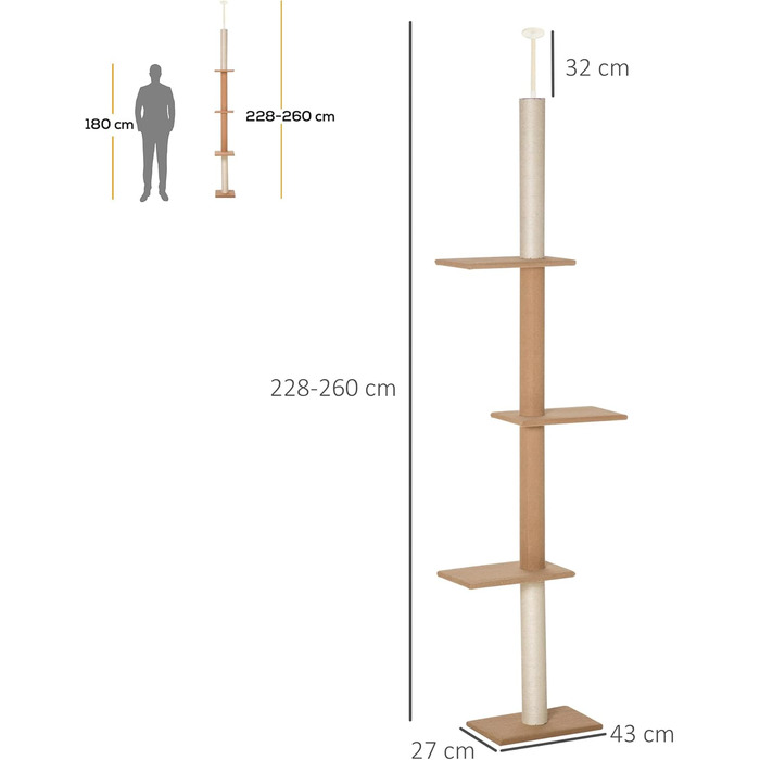 PawHut Cat Tree, Ceiling-High, 228-260 cm Adjustable Height Cat Tree/Climbing Tree for Cats with 3 Levels, Cat Scratching Post, Floor-to-Ceiling Play Tree (Khaki)