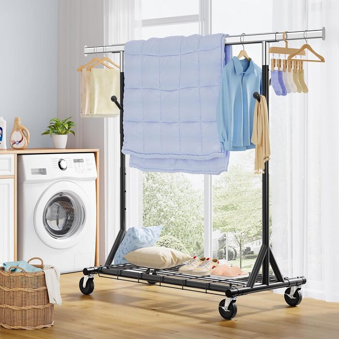 Легкий мобільний вішак для одягу на колесах FAVOOOSTY, металевий, до 200 кг, чорний, 1 стяжка