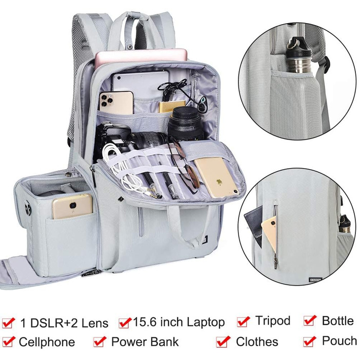 CADeN Рюкзак для камери: водонепроникний, антикрадійний, відділення для ноутбука 15.6'', для DSLR Canon, Nikon, Sony