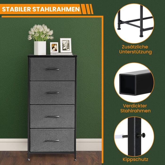 DUMOS Chest of Drawers with Drawers - Chests of Drawers & Sideboards for Bedrooms Suitable, Chest of Drawers with 9 Drawers, Fabric Chest of Drawers with Sturdy Steel Frame, Ideal for Bedroom, Living Room (Black) (4 Drawers Gray)