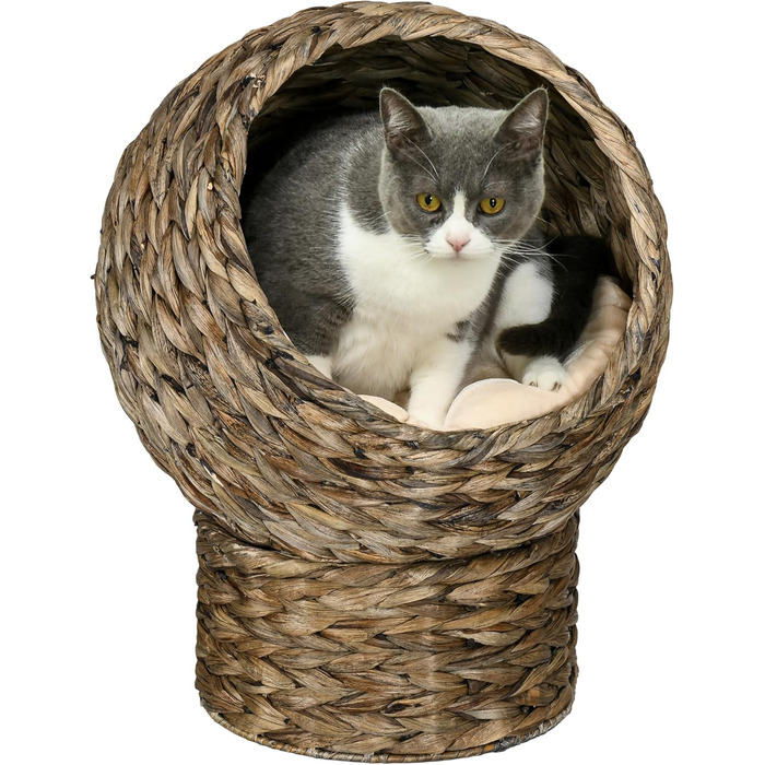 PawHut Rattan Cat Basket Cat Cave Cat House Cat Bed with Cushion Pet Bed Water Hyacinth 42 x 33 x 52 cm (42L x 33W x 52H cm, Coffee)