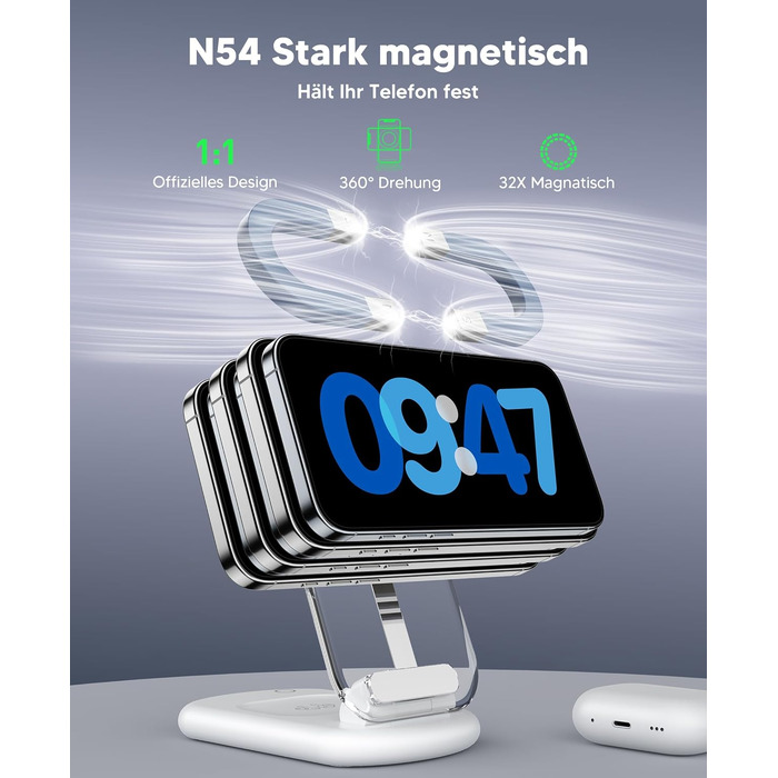 Зарядний пристрій MagSafe 3-в-1 для iPhone 17/16/15/14/13/12 Pro Max/Air/Plus/Pro та Apple Watch 10/9, AirPods 3/2/Pro (сріблястий, 2 шт.)