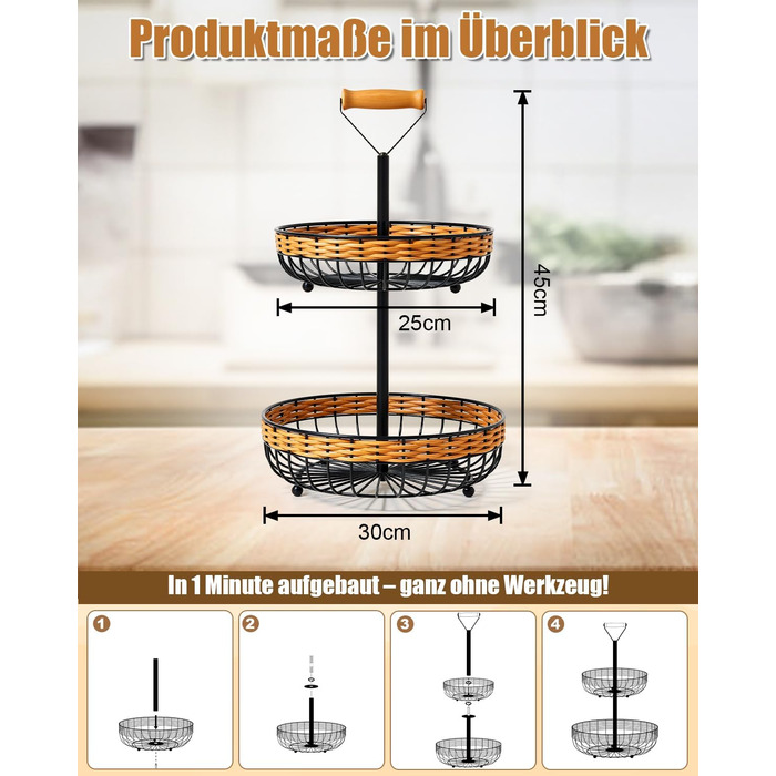 Двоярусний кошик для фруктів LEEJARD з синтетичного ротангу, знімний піддон, чорний (H:45 Dm:29 см)