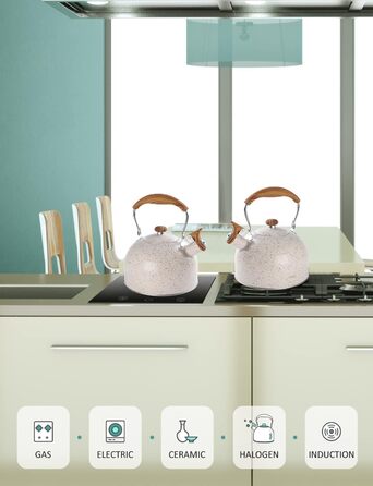 Чайник BELANKO 2,5 л з свистком, нержавіюча сталь, з дерев'ястим декором, складаний ручка, для чаю, кави, молока – блакитний (Starry White)