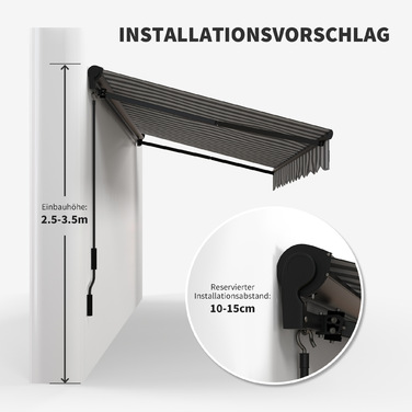Маркіза Balkonmarkise від Outsunny, 350 x 250 x 150 см, стійка до УФ-випромінювання UV30+, з дистанційним керуванням, ручним механізмом, регульована касетна маркіза, сіра+біла | Aoso