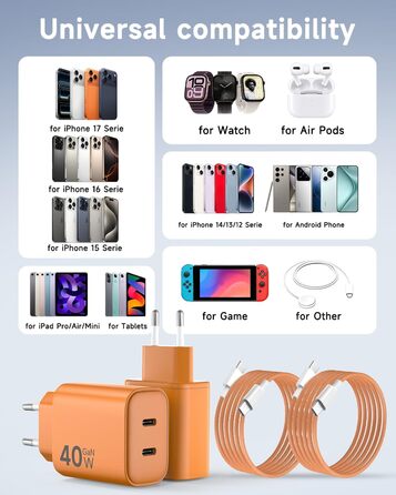Зарядний пристрій USB-C 40W 2Port для iPhone 17 Pro Max/Pro/15 Plus, iPad Pro/Air, кабель 2м Orange