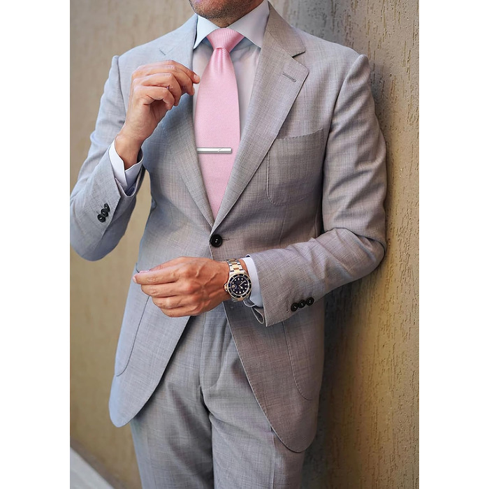 Комплект краватки для весілля HISDERN: краватка в клітинку, нагрудна хустинка, краваткова застібка та запонки (Рожевий, 3)