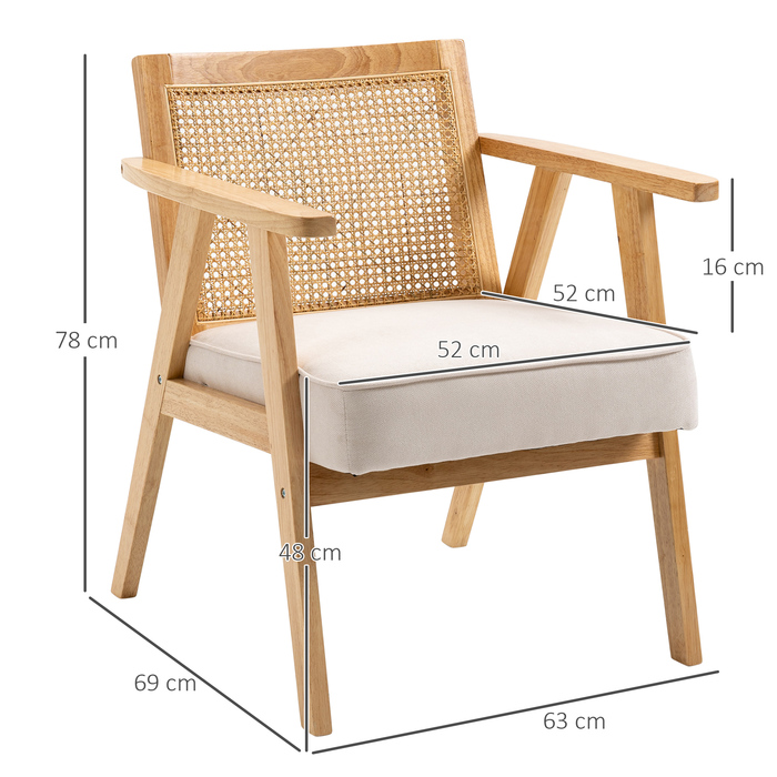 HOMCOM Armchair Living Room Relaxer with Armrests, Seat Cushion, Lounger with Rattan Backrest, Reading Chair with Linen Look, Wooden Frame, Upholstered Armchair for Bedroom in Cream | Aosom