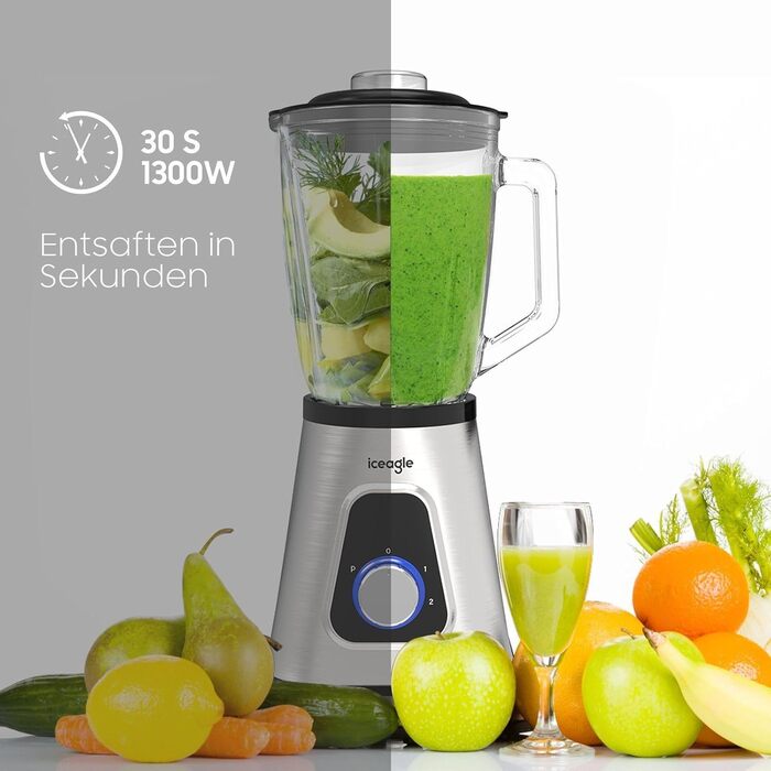 iceagle Stand Mixer Smoothie Maker - Electric Blender 1300W | 2-in-1 Mixer, 1.5L Jug & 600ml Cup, Ice-Crush Function, 2 Speed Settings, Pulse Function, 22000RPM for Smooth Blending