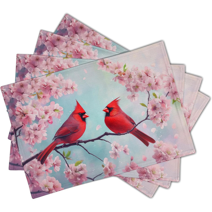 Giwawa Placemats with Spring Birds, 30.5 x 45.7 cm, red bird, cherry blossoms, floral pattern, stain-resistant, heat-resistant, linen, placemats for kitchen, dining table, seasonal party, indoor and