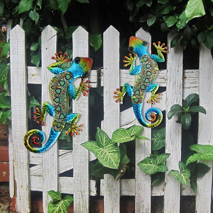 HONGLAND Metal Gecko Wall Decoration, Lizard, Garden Art, Colorful Glass Sculpture for Hanging, for Indoor and Outdoor Use, Patio, Fence (Symphony), 2 Pieces