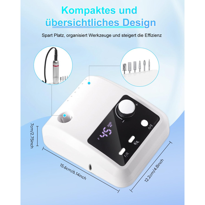 Електрична машинка для манікюру та педикюру CozyZen Professional: 45000 об/хв, LCD-дисплей, керування рукою/ногою, тиха робота, для акрилу та гелю, білий