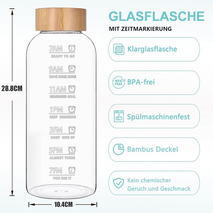 RNCKUUE 2 Liter Glass Bottle, 2l Glass Drinking Bottle, Glass Water Bottle with Strainer, Neoprene Sleeve, Bottle Brush (2000 ml, Bamboo Lid)