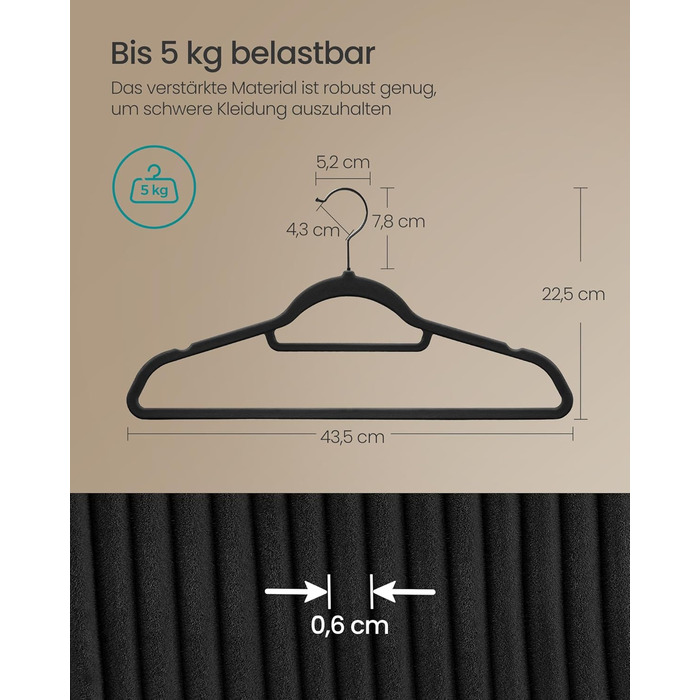 Плечики SONGMICS для одягу, 50 шт., велюрові, антиковзаючі, для краваток, 360° обертання, 0,6 см, економія місця, 43,5 см, для пальто, штанів, срібно-білі