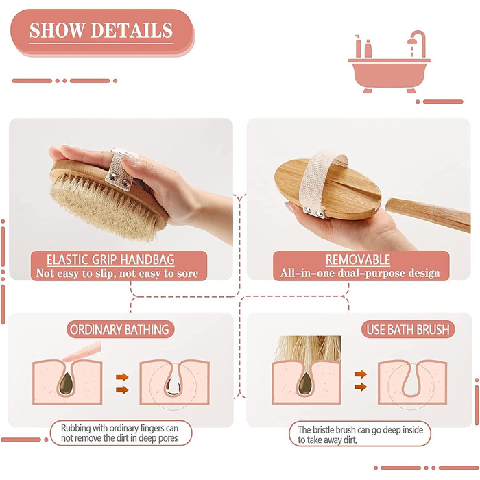 Щітка для тіла з довгим руків'ям, щітка для спини знімний руків'я, 2 головки, щітка для тіла для видалення, скрубер для спини у душі, натуральна щетина, для очищення тіла