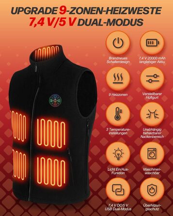 Електрична гріюча жилетка з підігрівом для жінок та чоловіків, 5V/7.4V, 20000mAh, 10 зон нагріву, 3 температурні режими, для велоспорту, активного відпочинку, роботи на вулиці, кемпінгу, розмір L, чорна