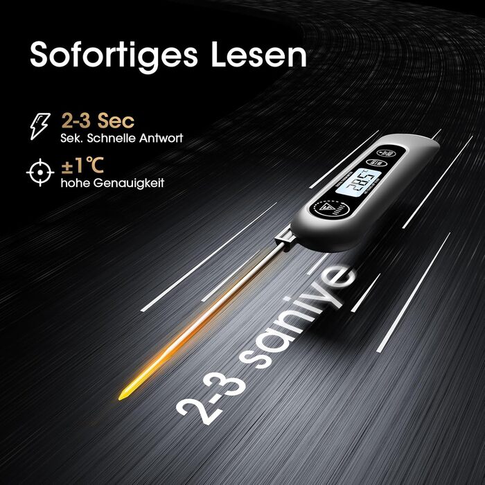 Цифровий кухонний термометр DOQAUS для м'яса, приготування їжі, випікання та гриля, швидка реакція 3s, LCD дисплей, автоматичне вмикання/вимикання (сріблястий/чорний)