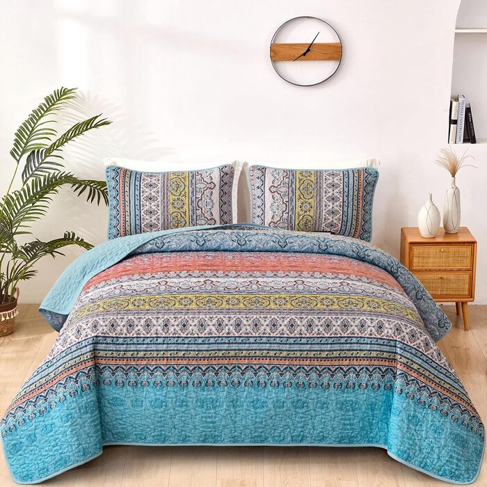 Ковдра стеганий богемний WONGS BEDDING, розмір King, 261,6 x 228,6 см, жовтогарячий, мікрофібра, 3 шт. (King, Рожевий, Синій)