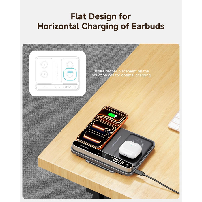 Двопортова індукційна зарядка SwanScout 504 для 2 телефонів та AirPods/Galaxy Buds (30W)