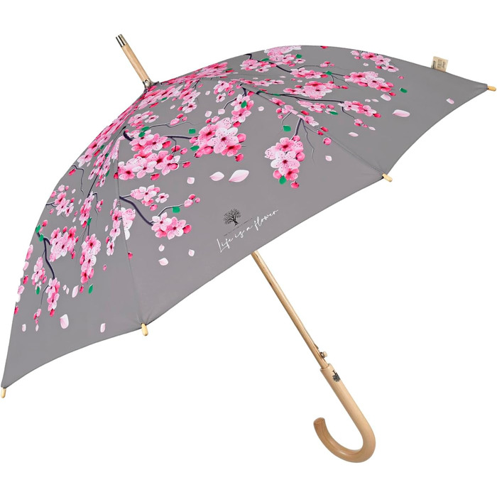 PERLETTI Green Eco Women's Umbrella - Large Automatic Rain Umbrella with Recycled Materials & Cherry Blossom Design