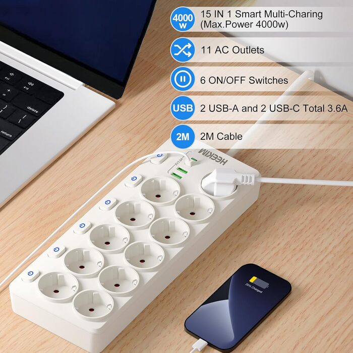 Многорозетка HEEKIM з USB, 11 розеток (2 USB-A, 2 USB-C), 4000W, 16A, з індивідуальним вимикачем, 2м кабель, для дому, школи, офісу