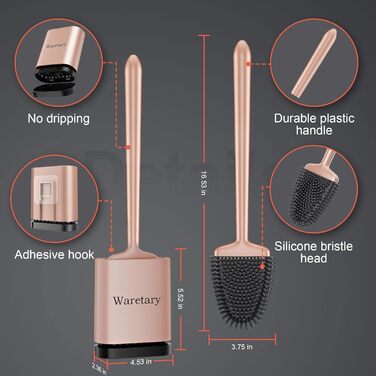 Набір для чищення унітазу Waretary з силіконовою щіткою та підставкою з нержавіючої сталі, гнучкий наконечник для глибокого очищення, швидковисихаючий, для кріплення на стіні та встановлення на підлогу, золотий