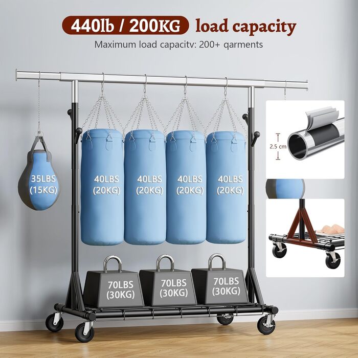 Легкий мобільний вішак для одягу на колесах FAVOOOSTY, металевий, до 200 кг, чорний, 1 стяжка