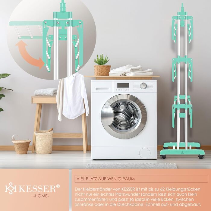 Кесер® Сушилка для білизни з колесами - Турбо-модель, 4 яруси, білий/антрацитовий, з кліпсами