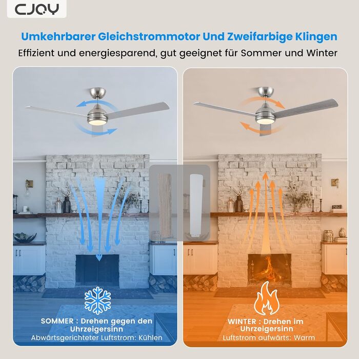 Стеляний вентилятор CJOY з підсвічуванням, 107 см, з пультом керування, тихий, DC, реверсивний, пам'ять 3CCT, диммування, 6 швидкостей, таймер для спальні (132 см - срібний)
