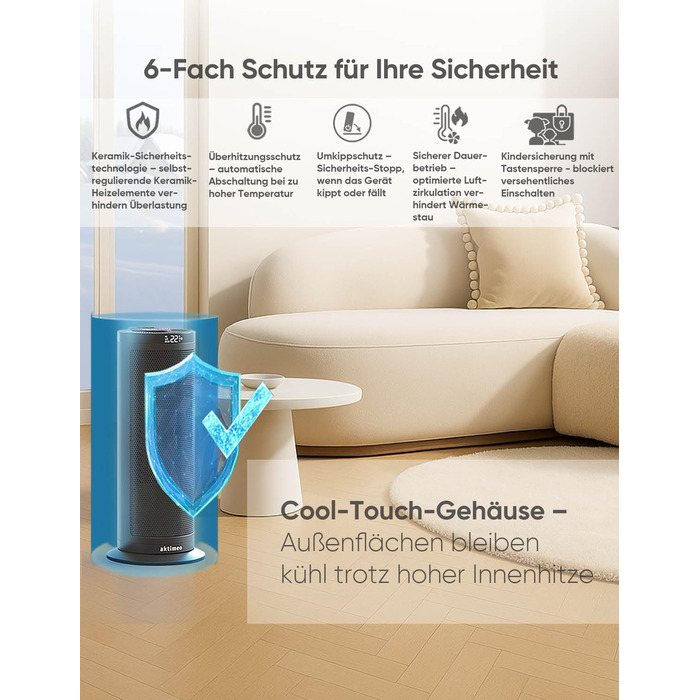 Електричний обігрівач з керамічним нагрівачем, 1500 Вт, з термостатом, захистом від перегріву, перекидання та для дітей, таймер 12 год, з пультом дистанційного керування (чорний, преміум)