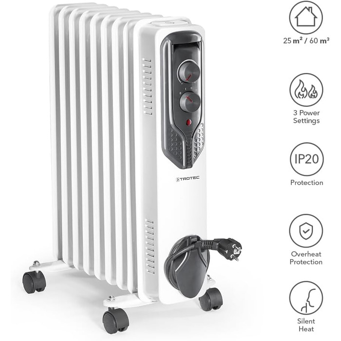 Електричний обігрівач Trotec TRH 20 E – 800/1200/2000 Вт, 9 ребер, для приміщень до 25 м²