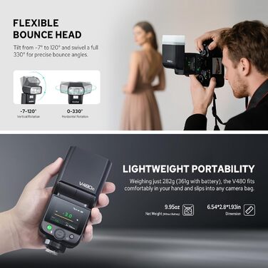 Спалах для камери Godox V480C з TTL, сенсорним екраном та регульованою головкою, GN50, HSS 1/8000s, 650 спахів, час перезарядки 1.7 сек (для Fujifilm та Canon)