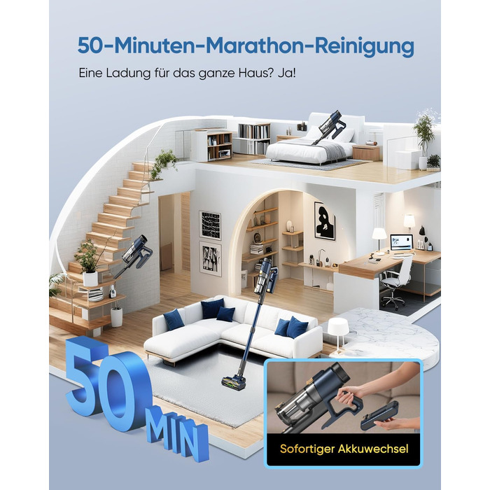 Бездротовий пилосос Vexilar V12 Akku: 50 хв роботи, 50 kPa, 450W, антизаплутування, легкий, безщітковий мотор, для твердих поверхонь, килимів, шерсті тварин, синій